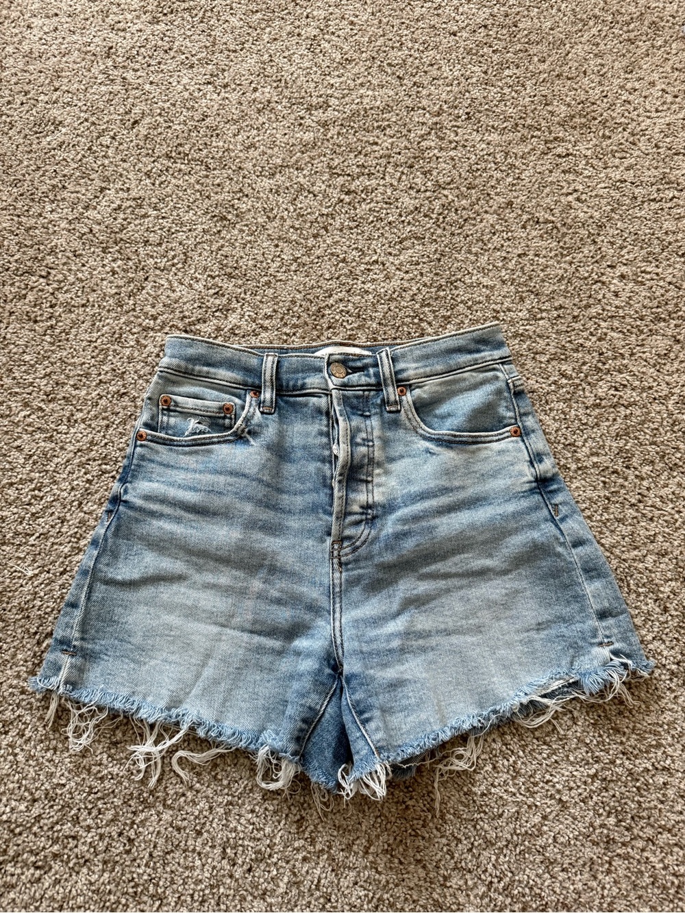High-Waist Light Blue Denim Shorts with Frayed Hem